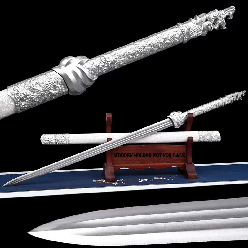 Chinese Sword, Straight Blade, Silver Sword,Wood Scabbard Wrapped Leather, Two-Hands Swords, Collection,Decoration