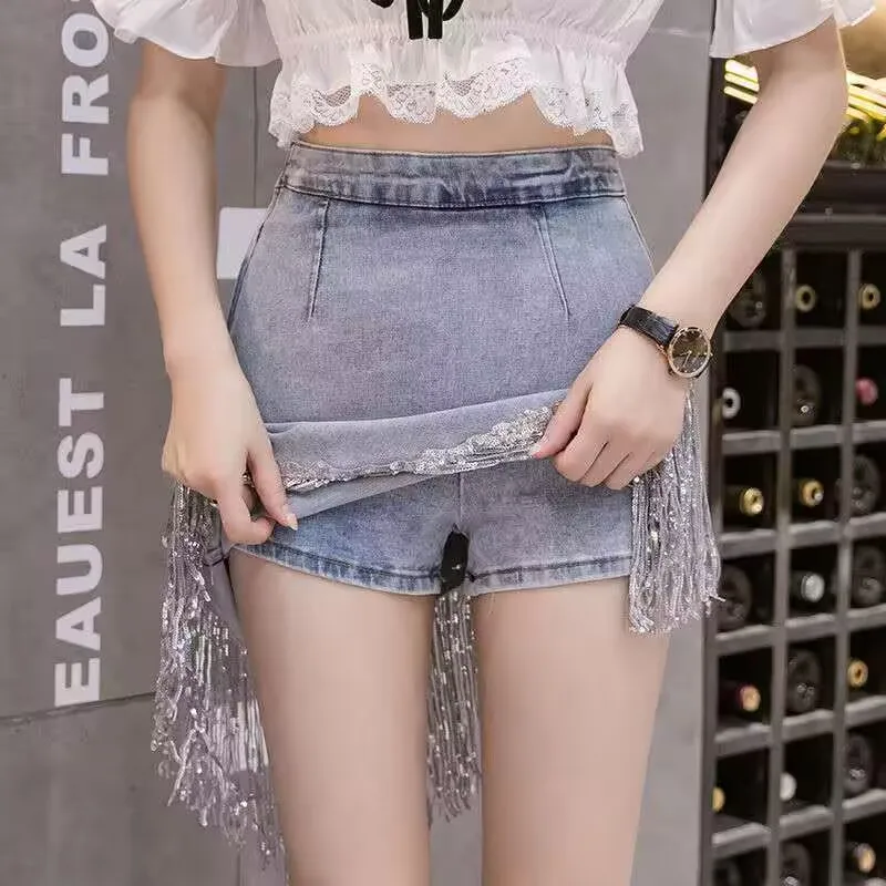 Falda vaquera con borlas y lentejuelas para mujer, falda vaquera azul a la cadera, falda ostentosa Sexy de estilo coreano, falda femenina 2025, verano y otoño