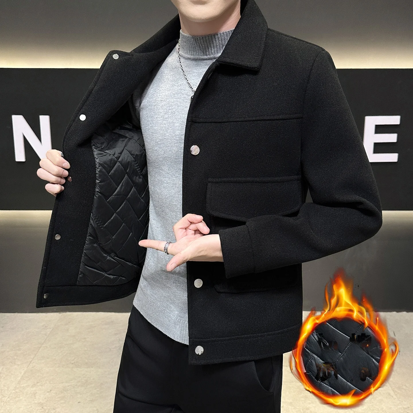 

Men's Autumn Winter Cotton Workwear Jaet Faionable Slim Fit Casual Haome Woolen Coat Youthful Polyester Lined Coat