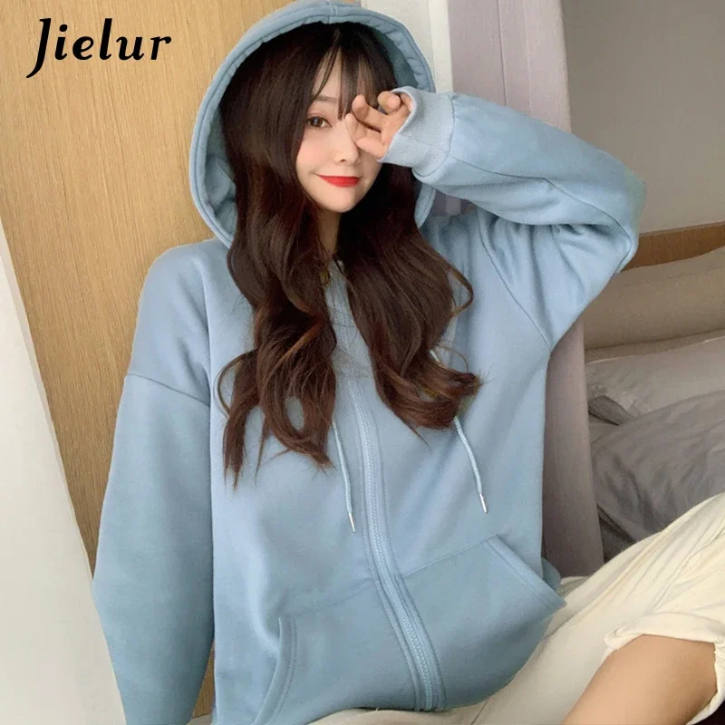 Jielur Autumn Loose Hooded Female Sweatshirt Blue Yellow Fashion Zipper Zip-up Cool Tracksuit Korean Women Hoodies Pullover M-XL