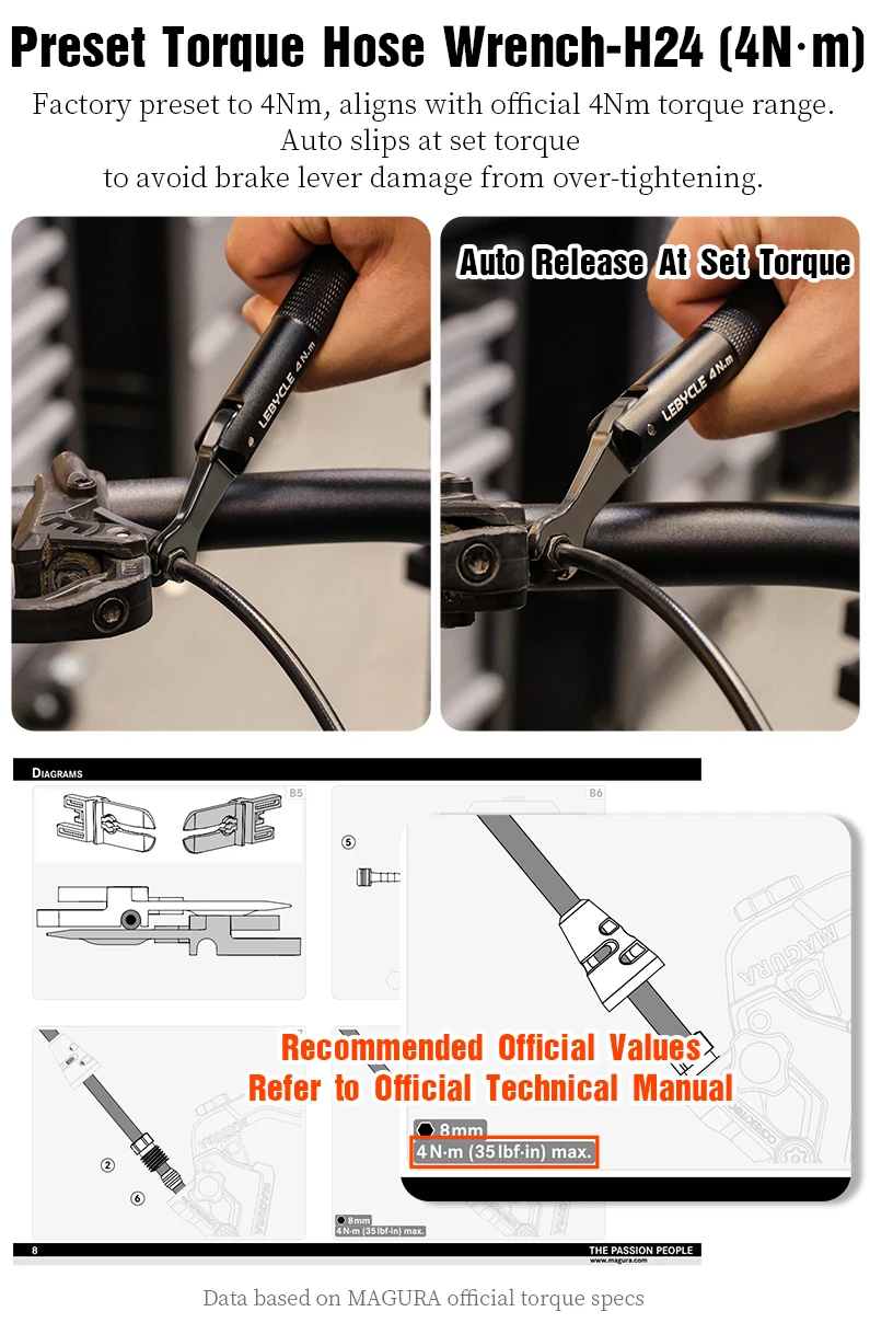 LEBYCLE Fahrrad-Hydraulikbremsen-Drehmomentschlüssel 4/5/8Nm, voreingestellter Drehmomentschlüssel für Shimano, SRAM, Magura Fahrradbremsen-Schlauchwerkzeuge – Detail 7