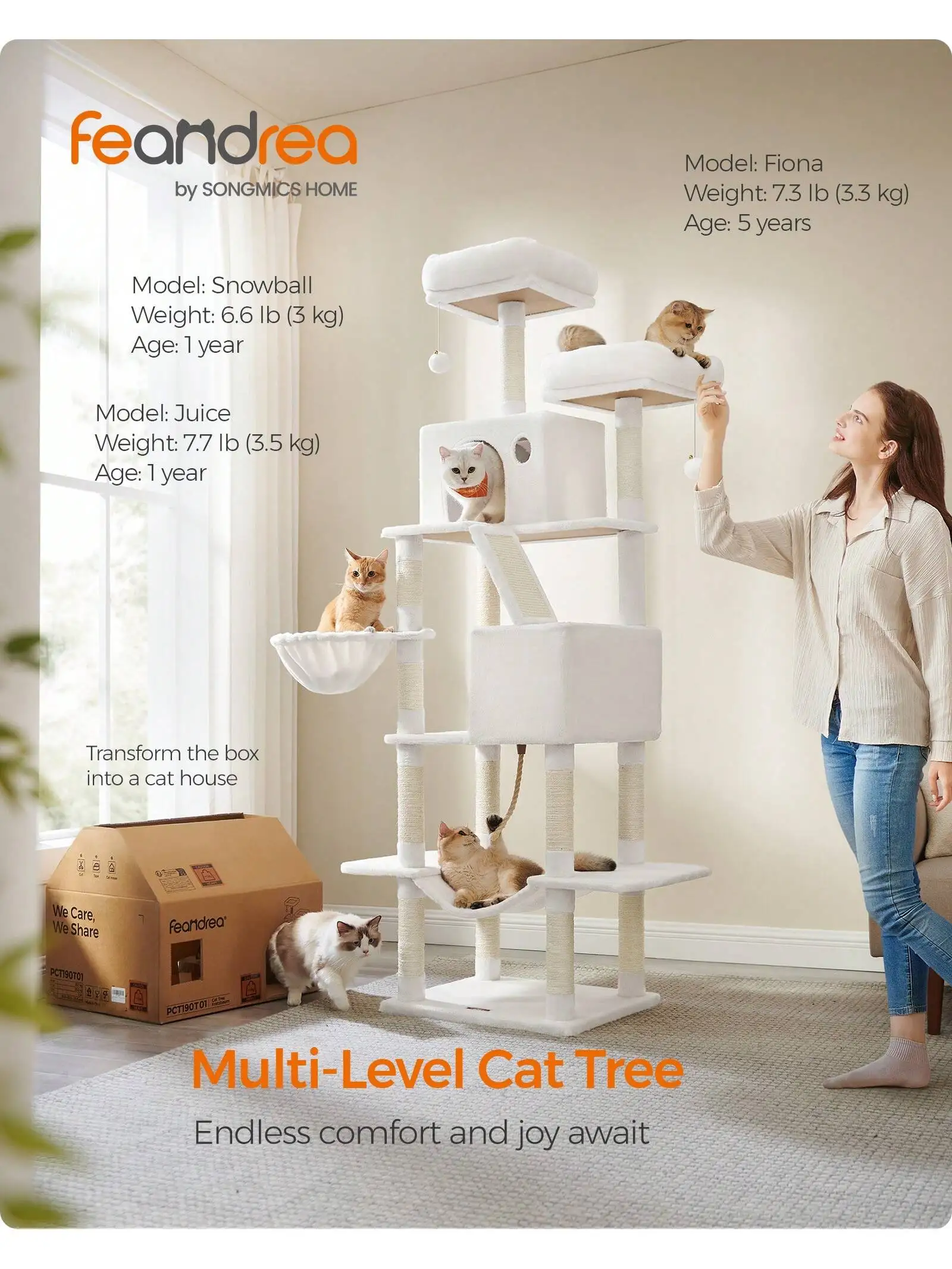 

Feandrea Cat Tree, 81.1-Inch Large Cat Tower With 13 Scratching Posts, 2 Perches, 2 Caves, Basket, Hammock, Pompoms, Multi-Le