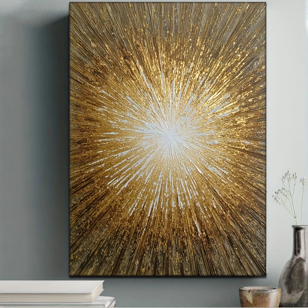 2D Flat, 1pc, with Frame, 30.48x40.64cm [2D Flat] Hot HD Oil Painting Lden Sunburst Canvas Radiant Abstract Painting, Modern