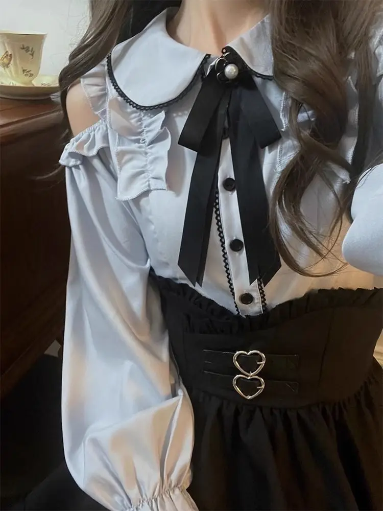 

Sweet Cute Doll Collar Off Shoulder Long Sleeved Shirt Top Black Midi Skirt Blusas Mujer Chic Korean Shirts & Blouses 2025 New