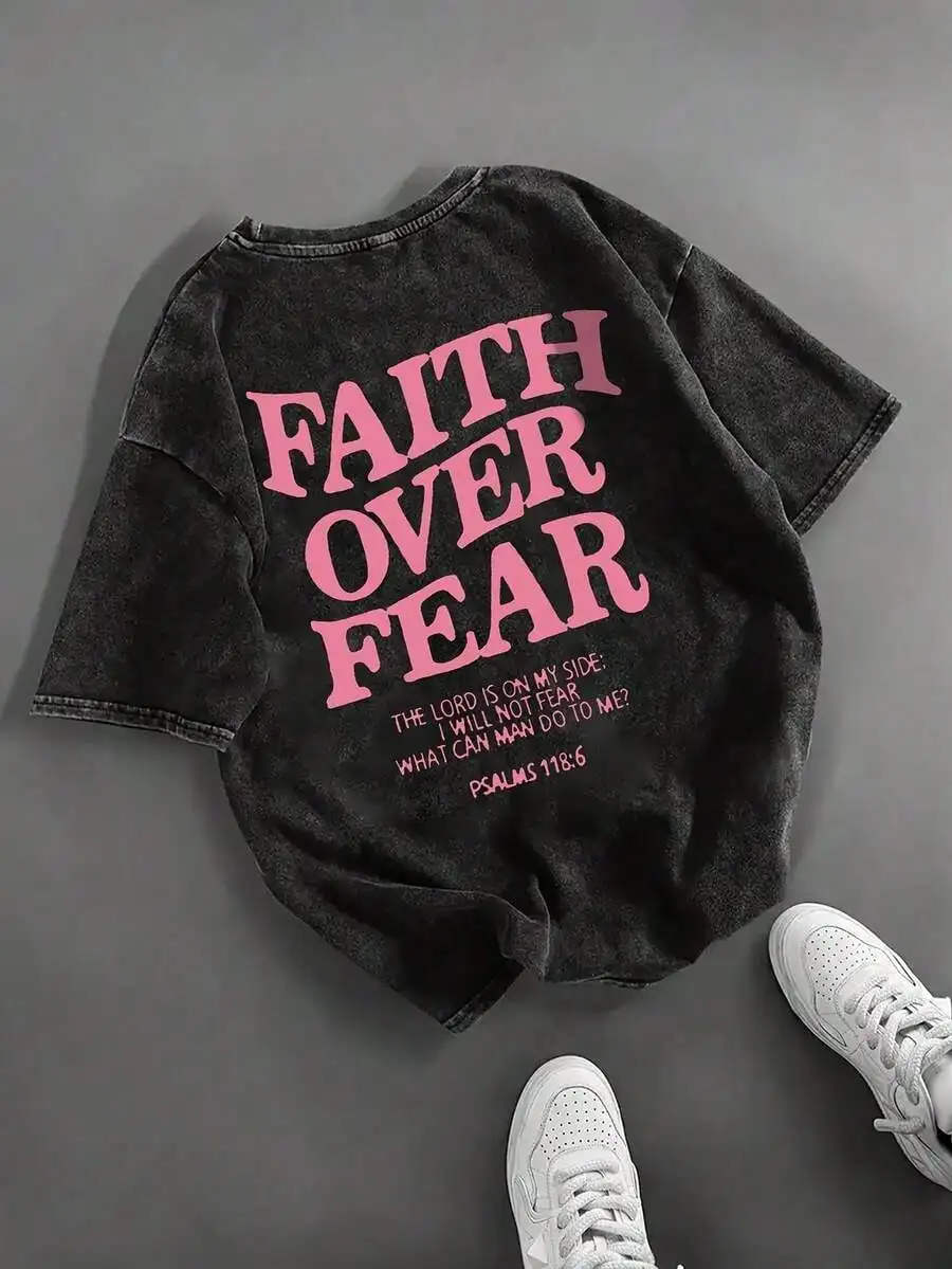 

Faith Over Fear Bible Verse T-Shirt Black Pink Letter Graphic Tee Vintage Washed Casual Women Top
