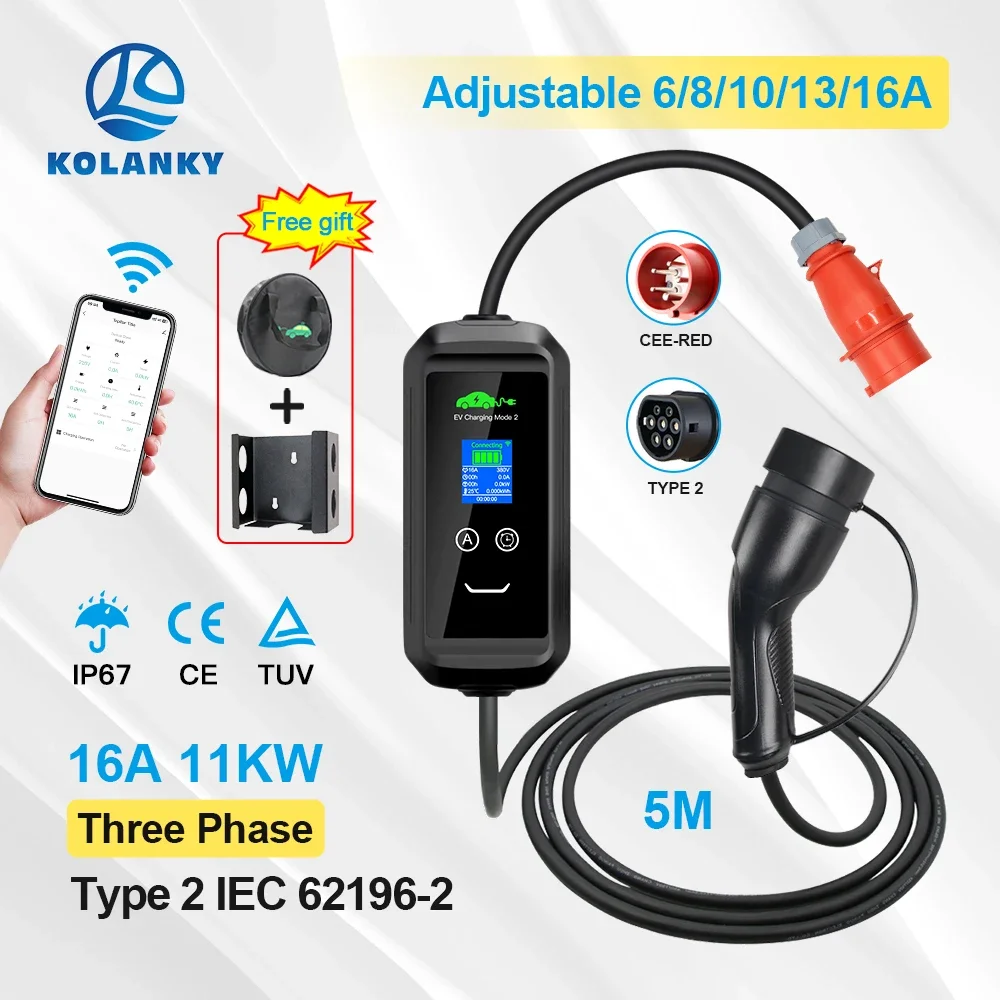 Draagbare EV-oplader 6/8/10/13/16A 11KW Type 2 IEC 62169 Tuya APP Telefoonbediening Opladen voor hybride elektrische voertuigauto\'s 5M