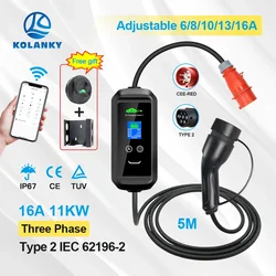 휴대용 EV 충전기, IEC 62169, 투야 앱, 전화 제어 충전, 하이브리드 전기 자동차, 5m, 6, 8, 10, 13, 16A, 11KW 타입 2