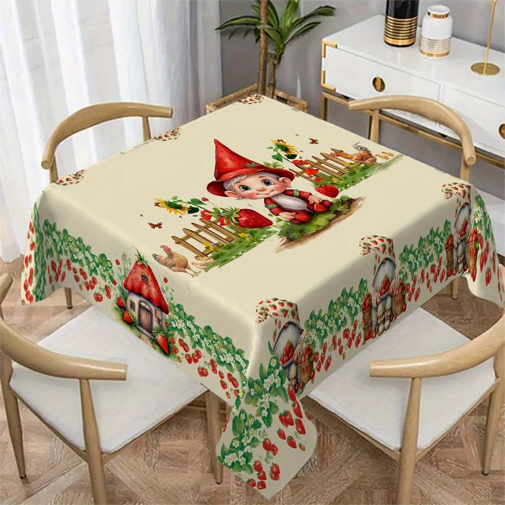 1pc 2D Flat Tablecloth, Strawberry Gnome Country Style with Mushrooms, Butterflies & Garden Scene Printed Rectangle Tablecloth