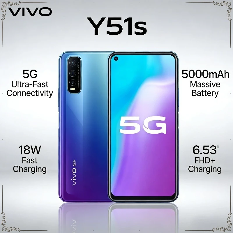 VIVO Y51s 5G Unlocked Cellphone RAM 128GB ROM 6.53'' LCD Screen 48MP AI Camera 4500mAh Face & Side Fingerprint ID Android Phone
