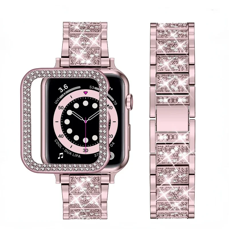 Correa de Metal y funda para Apple Watch, pulsera de diamante para IWatch de 45mm, 41mm, 44mm, 42mm, 40mm, 38mm, 9, 8, 7, 6, 5, 4