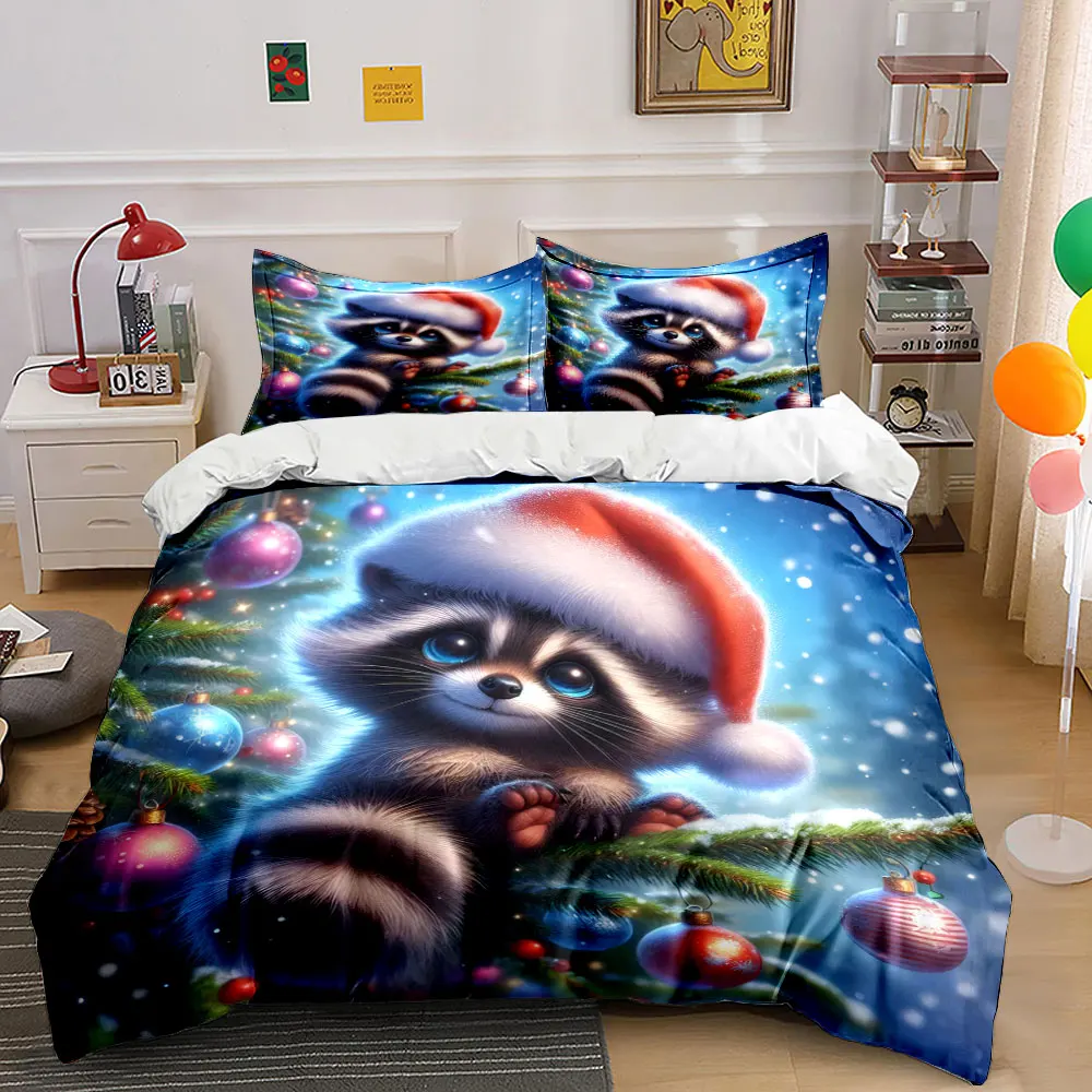 Santa hat raccoon sitting on Christmas tree Print Duvet Cover Bedding Set Included 1*Duvet Cover 2*Pillowcases Luxury gifts