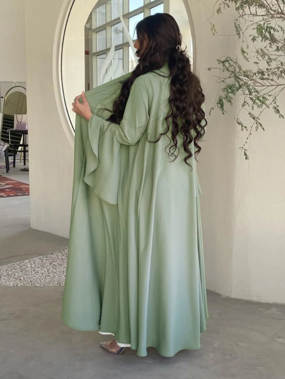 Cárdigan Abaya para mujer, vestido de fiesta marroquí, manga con volantes, Vestidos musulmanes sólidos, caftán Eid, bata larga de noche