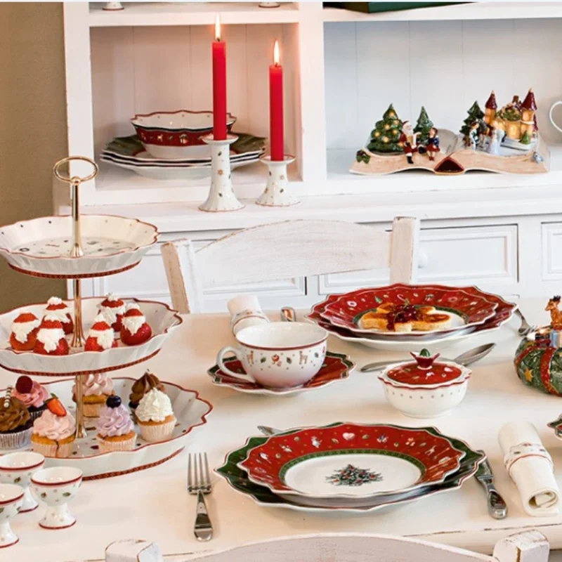 European Christmas Plate Set: New Bone Porcelain Dinnerware, Overglaze Decorated Soup, Salad, Cake Plates, Elegant and Durable