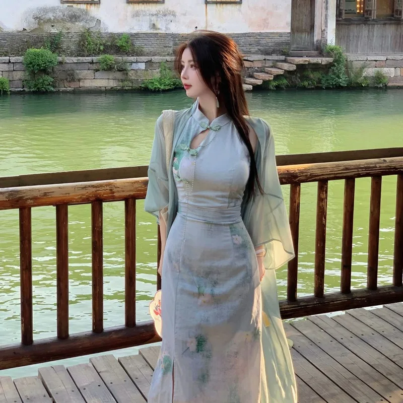 

Новинка 2023 года, летние комплекты из двух предметов, женские наряды в китайском стиле, с завязкой на талии, без рукавов, с пряжкой, наборы кардиганов Cheongsam