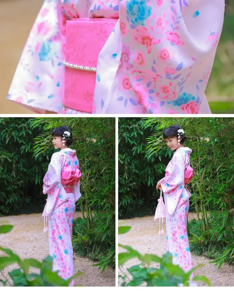 Kimono tradicional de estilo japonés para mujer, Yukata de verano, Color rosa, estampado Floral, ropa de Cosplay, ropa de fotografía, conjunto de albornoz