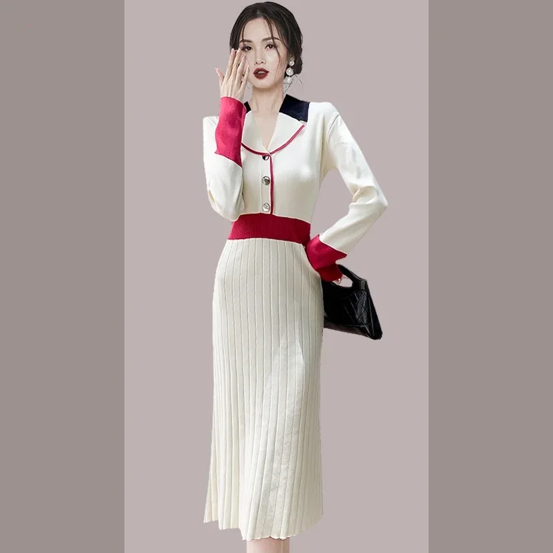 

Women Clothing Fashion Elegant Temperament Dresses Autumn Winter New Elastic Slim Commute Turn-down Knitted Dress