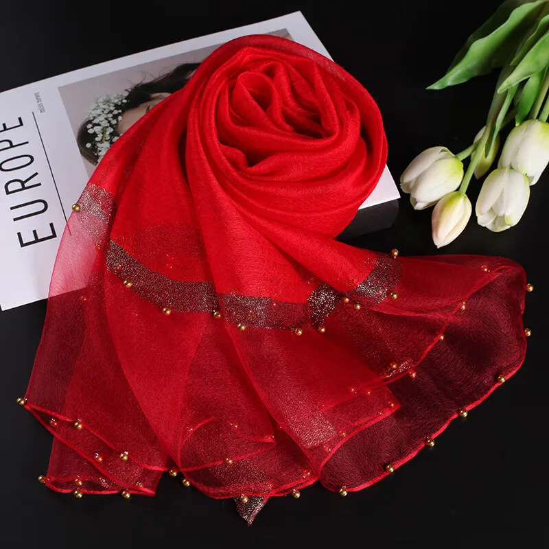 

Silk Scarf with Beads – Pure Mulberry Silk Hijab for Women, Elegant Shawl for Dresses, Spring Gift