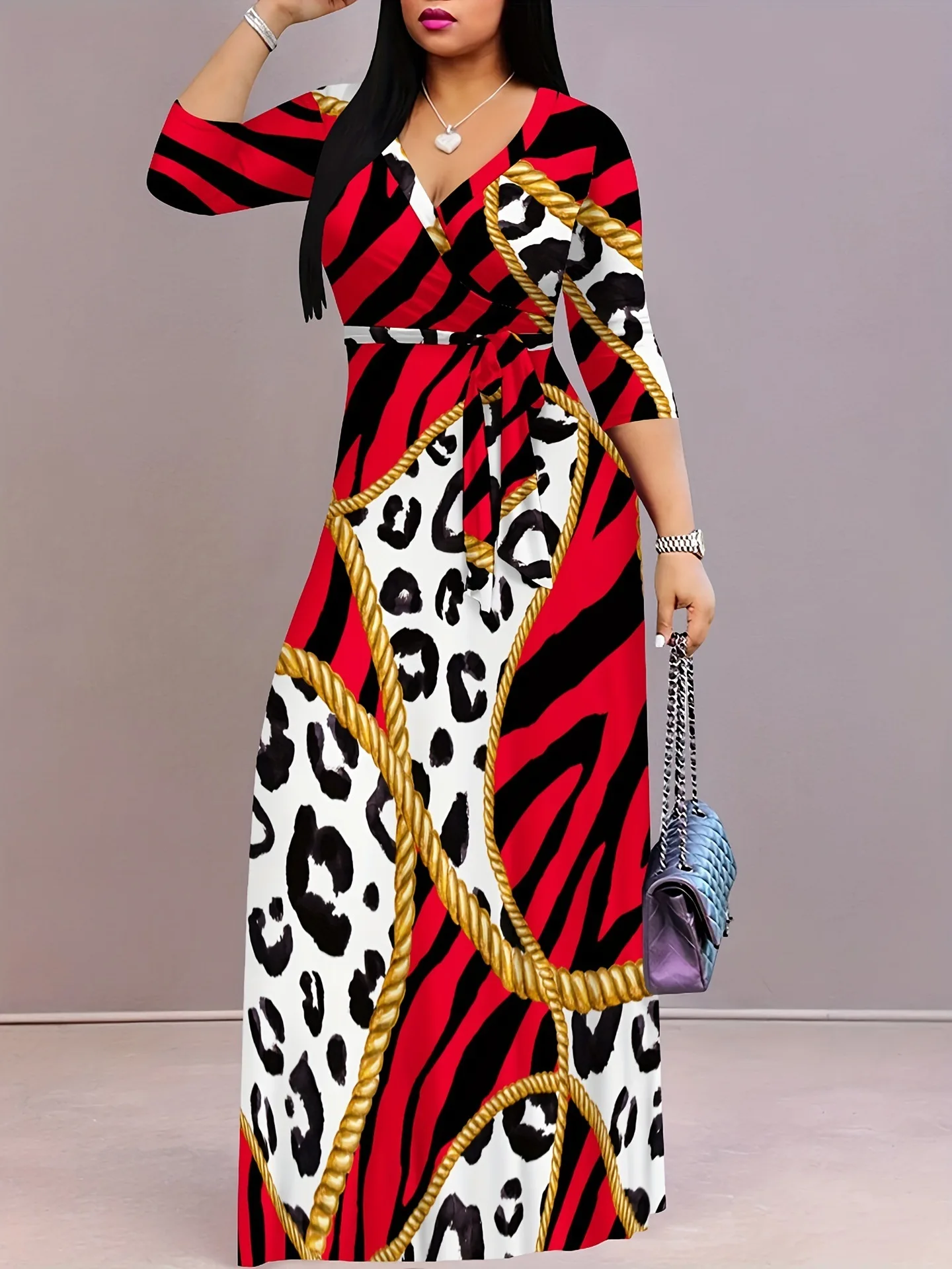 

Daily Casual Dress Loose Fashionable Stylish Printed Temperament Commuting Style Dress High Waist V-neck Strappy Long Dresses