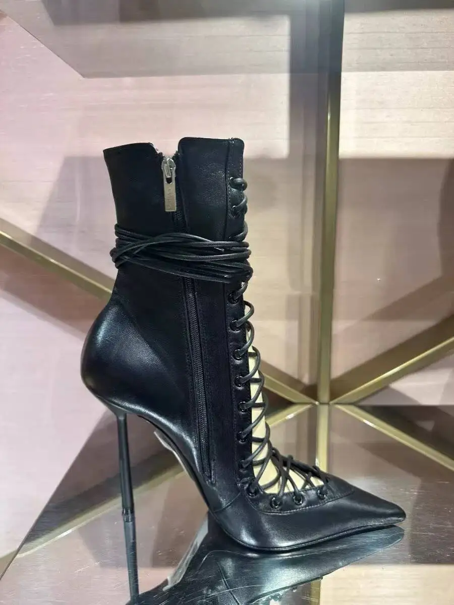 

2026Spring/Summer New Lace Up Short Cool Boots Side Zipper Banquet Slimming High Heels Sexy Knee Length Women's Boots