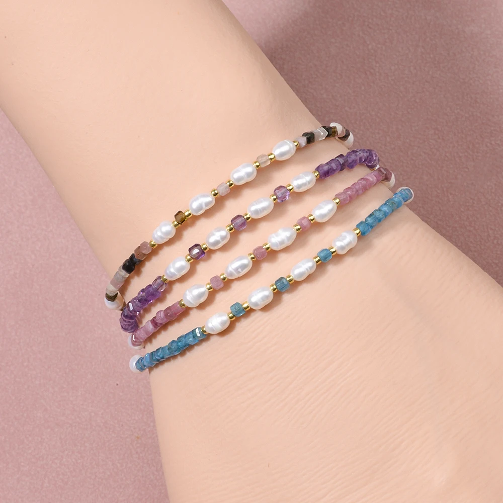 Classic Elegant Natural Stone Amethyst Tourmaline Faceted Cubes and Freshwater Pearls Bracelets for Women Daily Wear and Gift