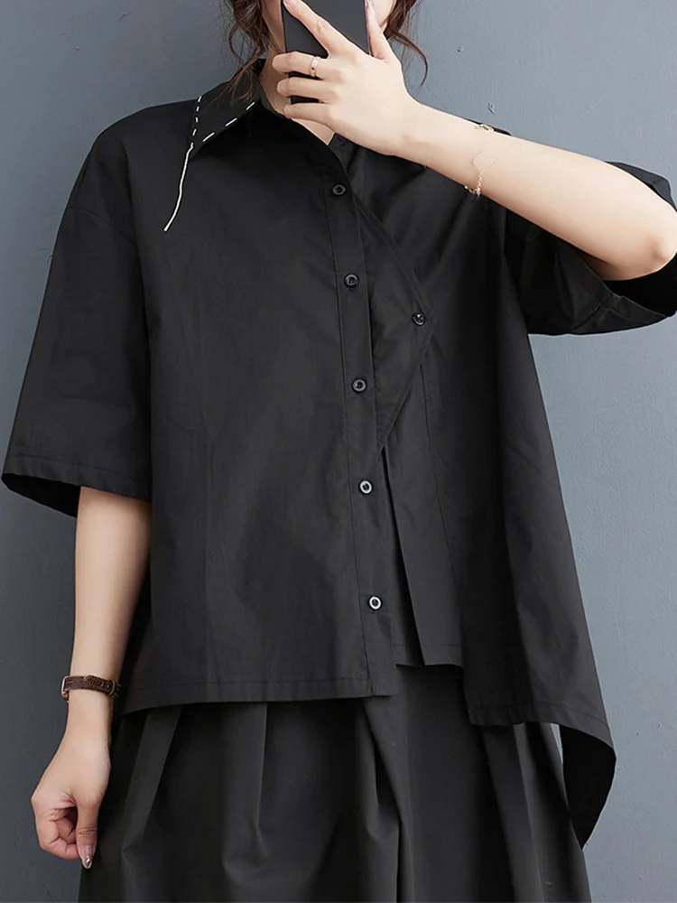 Irregular Cotton Black Vintage Oversized Shirt Women New Lapel Short Sleeve Loose Casual Blouse Top Fashion Clothes Summer 2023