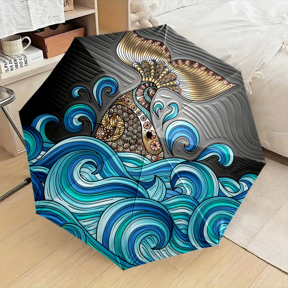 Whale Tail Design with Waves Abstract Art Umbrella portable waterproof sun rain umbrella for outdoor travel beach