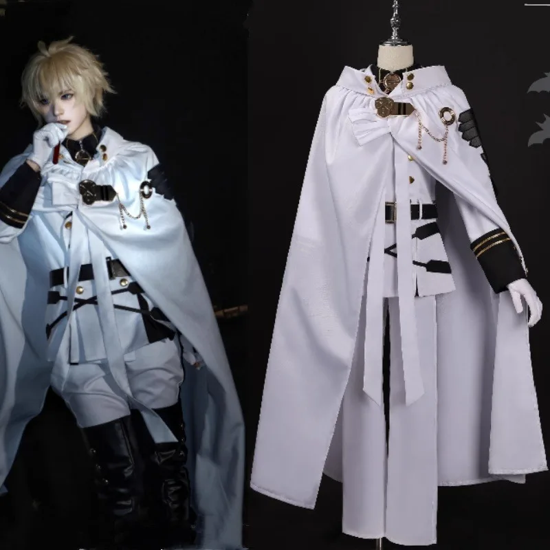 

Anime Mikaela Hyakuya Cosplay Costume White Uniform 3 Meters Cape Suit for Halloween Comic Convention Roleplay Outfits Men