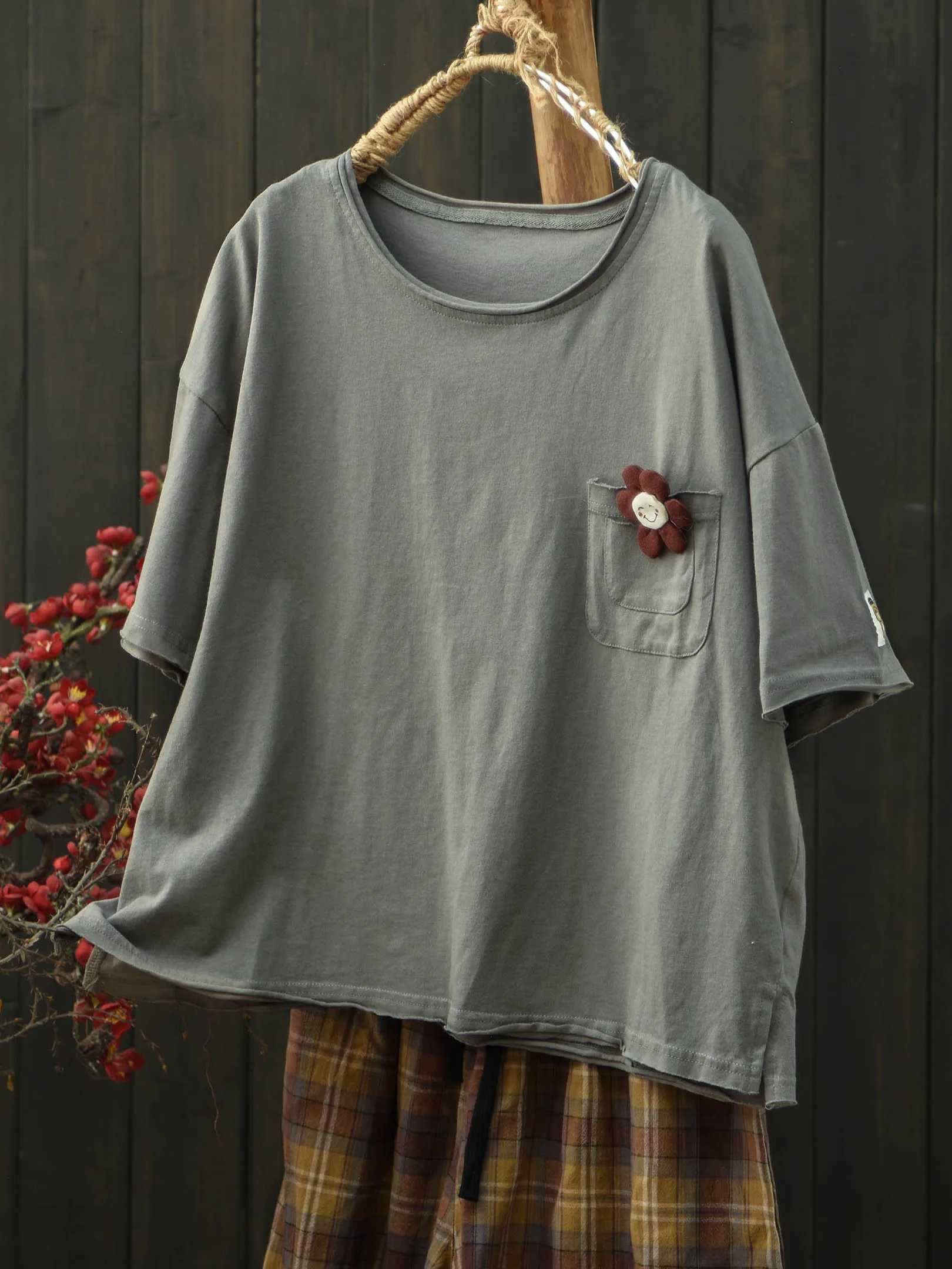 Special Offer Pure Cotton round Neck T-Shirt Women's Loose Large Size Summer New Style Comfortable Shoulder Drop Sleeve Top