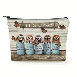 Sloth Butterfly Linen Fabric Cosmetic Bag Landscape Print Stylish Makeup Travel Organizer Gift Lightweight Coin Purse for Women