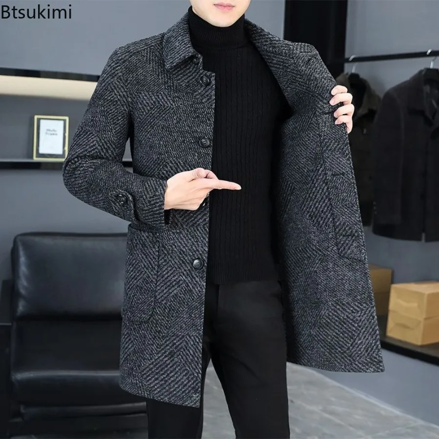

New Men's Fashion Lapel Slim Single Breasted Trench Coats Mid-Length Double Side Woolen Overcoats Autumn Winter Men Clothes