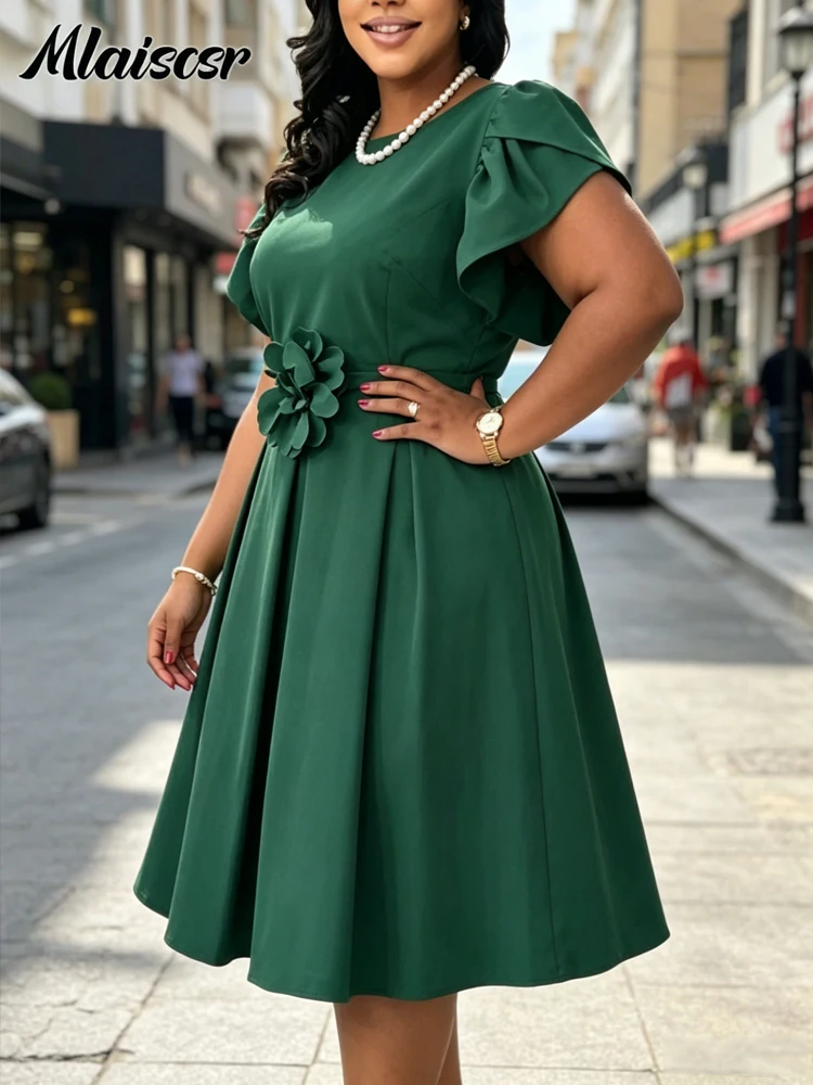 Women's Mlaiscsr Elegant Midi Dress with Ruffled Sleeves and Belt - Perfect for Office and Cocktail Parties