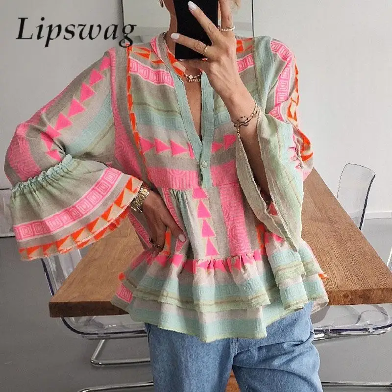 

Fashion Pink Rhombus Print Women's Blouse Sexy V Neck Flare Sleeve A-Line Tops Shirt Autumn Casual Loose Ruffle Pullover Blusa