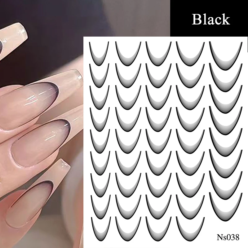 Black Gradient French Line 3D Nail Stickers White Blue Stripe Lines Sliders Flower Butterfly Adhesive Manicure Nail Accessories