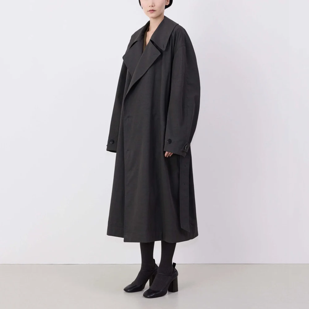 ผู้หญิงผ้าฝ้ายผสมเสื้อ,เข็มขัดรัดตัว,Elegant Double-Breasted Coat,คอTrench Coat,ฤดูใบไม้ร่วงและฤดูหนาว,ใหม่,Y2k,2024