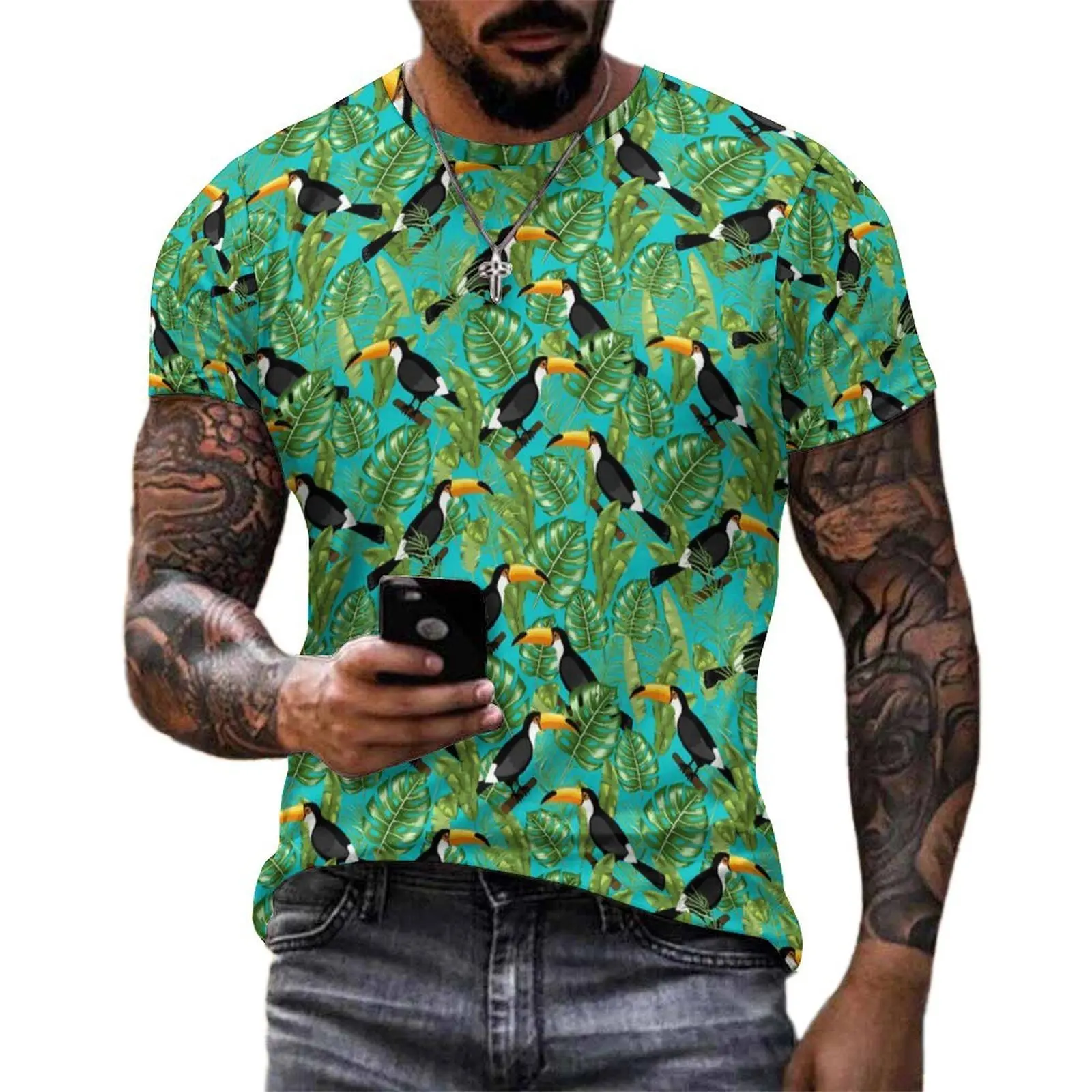 Summer T-Shirt Tropical Birds Print T Shirts Green Leaves Classic Harajuku Tee Shirt For Man Short Sleeve Pattern Plus Size Tops