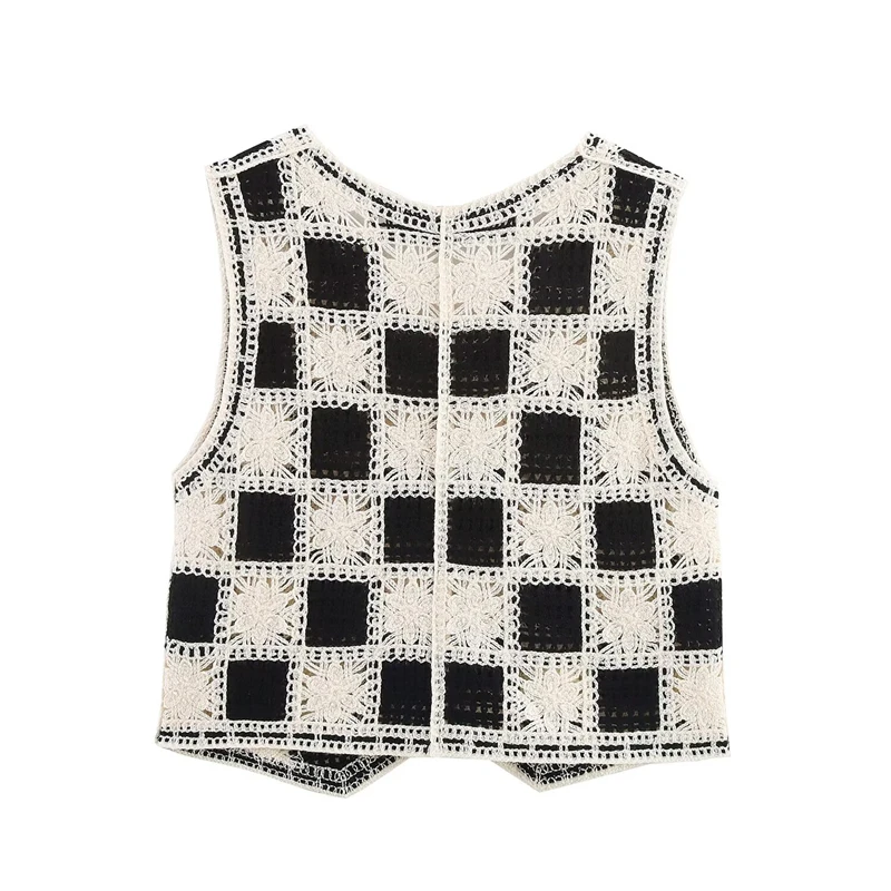 KEYANKETIAN, новый летний женский клетчатый контрастный цвет, ажурный вязаный жилет, жилет, праздничный однобортный однобортный камзол с v-образным вырезом