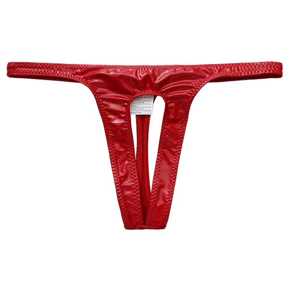 Mens Sexy Thong Imitation Leather G-string Underwear Front Hole Low Rise Male Exotic Lingerie Underpants Red Panties