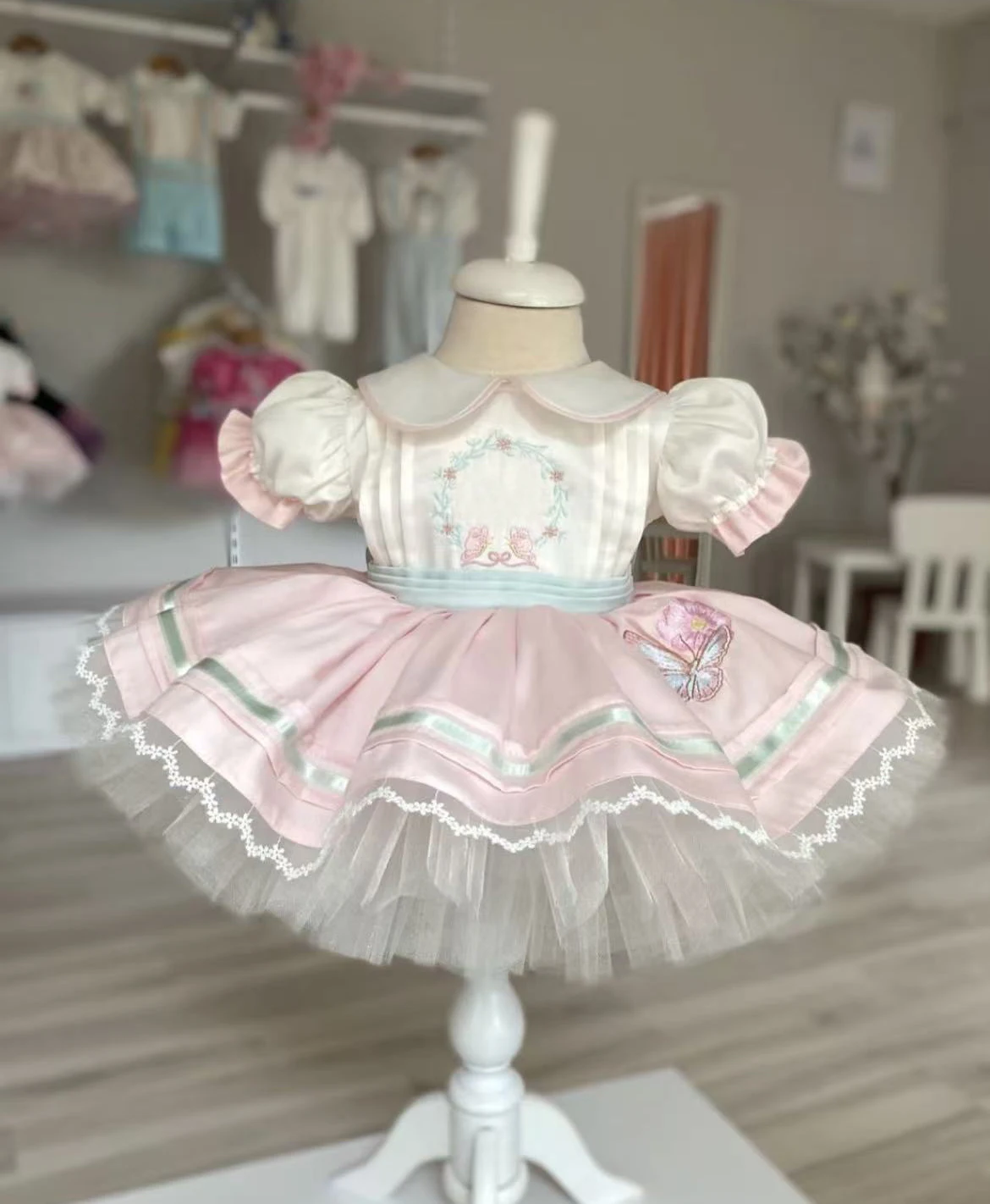 0-12Y Baby Girl Summer Pink Butterfly Embroidery Vintage Princess Dress for Birthday Photography Holiday Eid B543