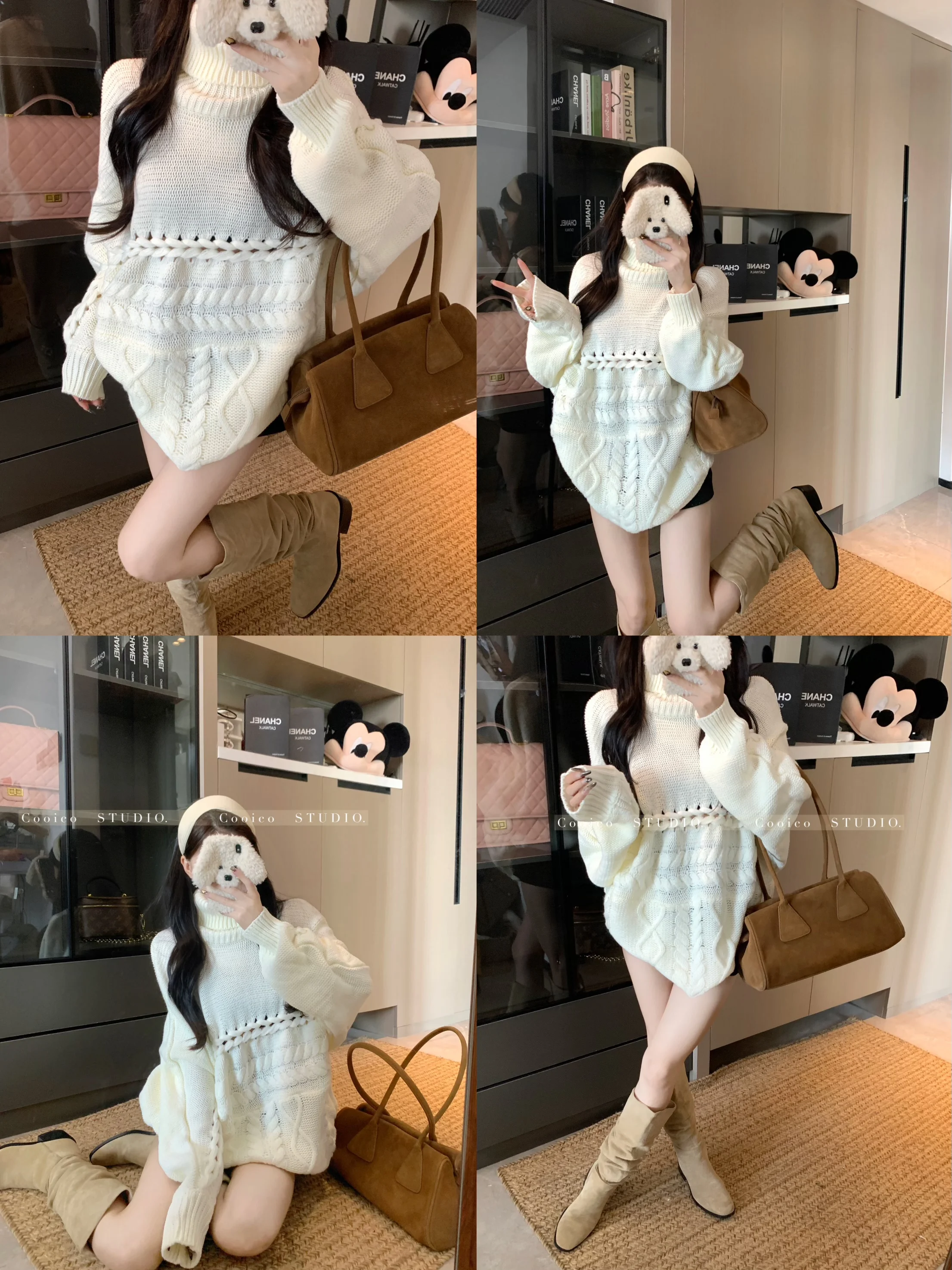 2024 New High-end Style Designed Advanced High Collar White Loose Outer Wear Lazy Mid-length Thick White Sweater for Women