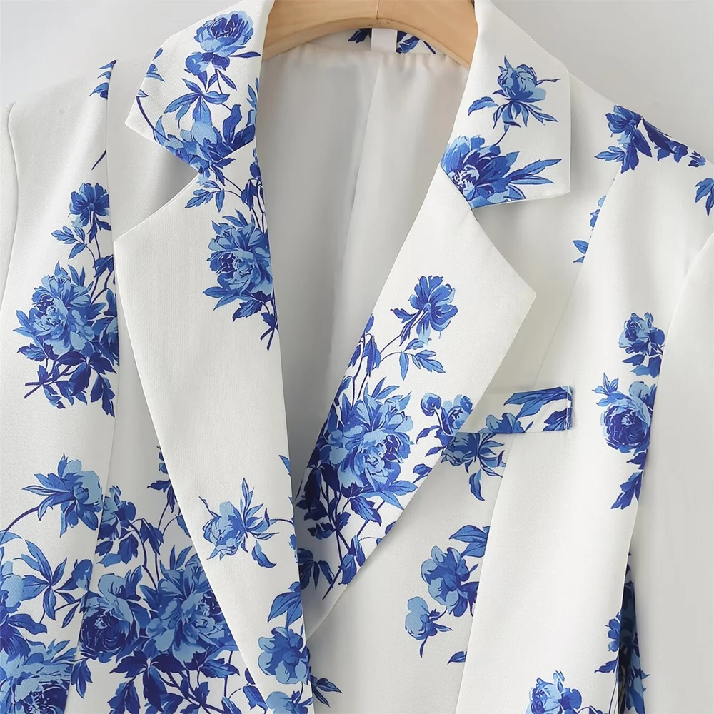 2024 Summer New Product Women\'s Fashion Versatile One Button Long sleeved Blue and White Porcelain Printed Slim Fit Suit Coat