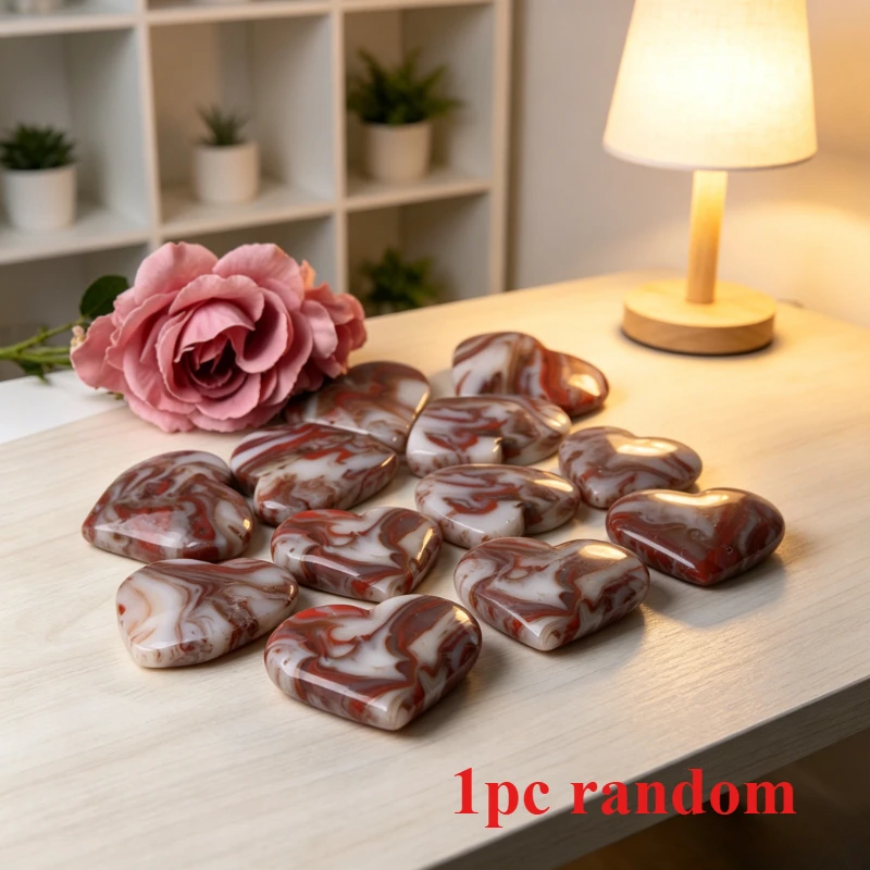 1pc Random Natural Red with Brown Blood Agate Heart, for Home Decoration Stone, Office Decor, holiday Gift