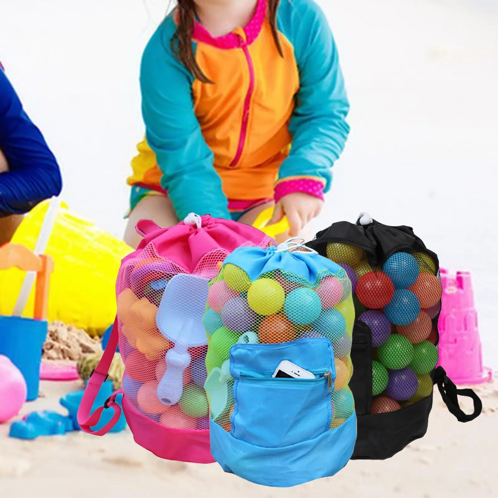 Beach Shell Bag for Kids Drawstring Mesh Tote Foldable Storage Pouch Nylon Waterproof Travel Toy Organizer Vacation