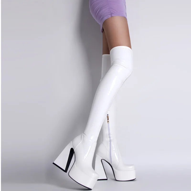 

Winter Platform Shoes Patent Leather Over The Knee Boots Women Square Toe Strange High Heels Slim Elastic Long Boots Party Shoes