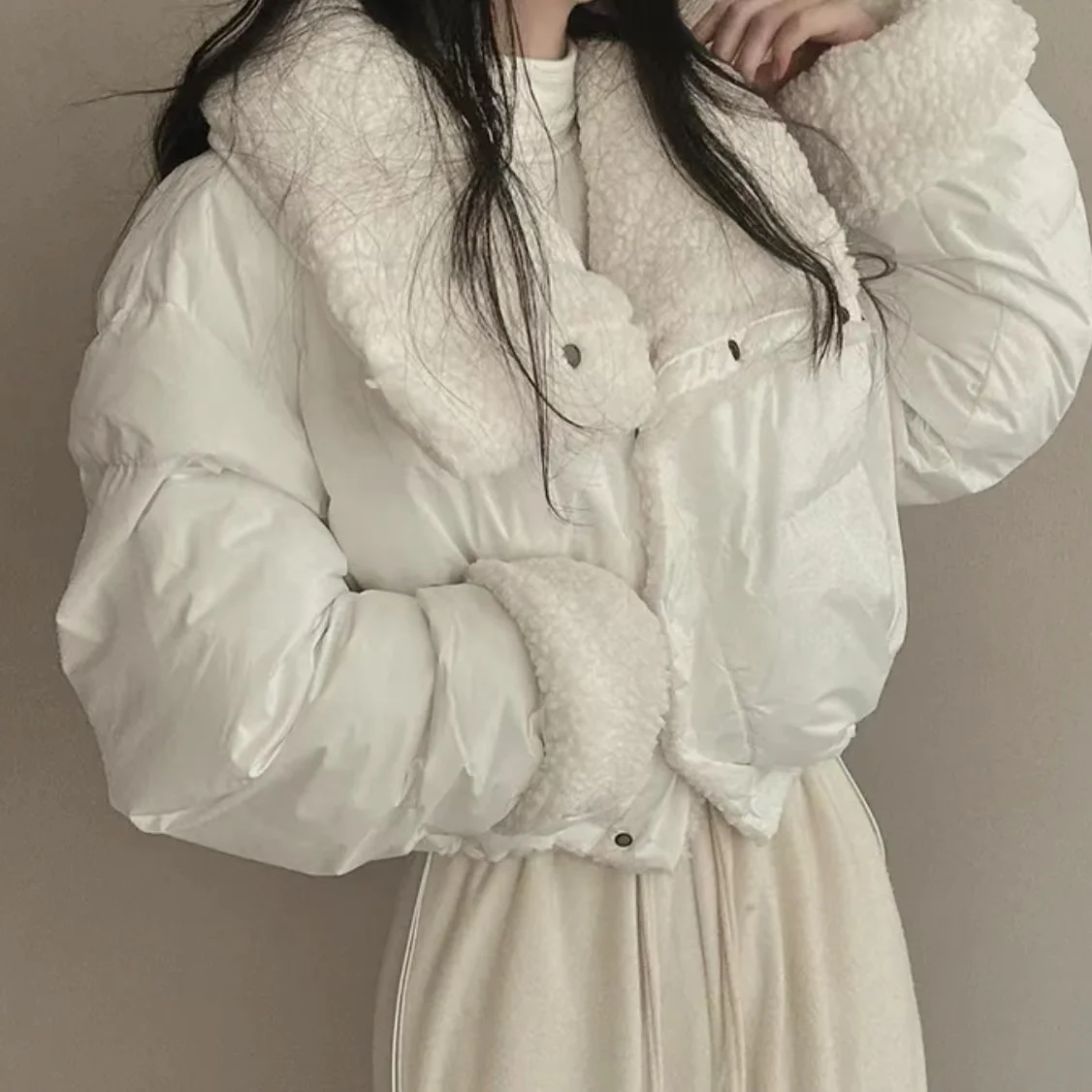 Women's Beige Patchwork Faux Rabbit Fur Parka Coat Warm Fashion Overcoat Harajuku Vintage Padded Coats 2000s Clothes 2024 Winter