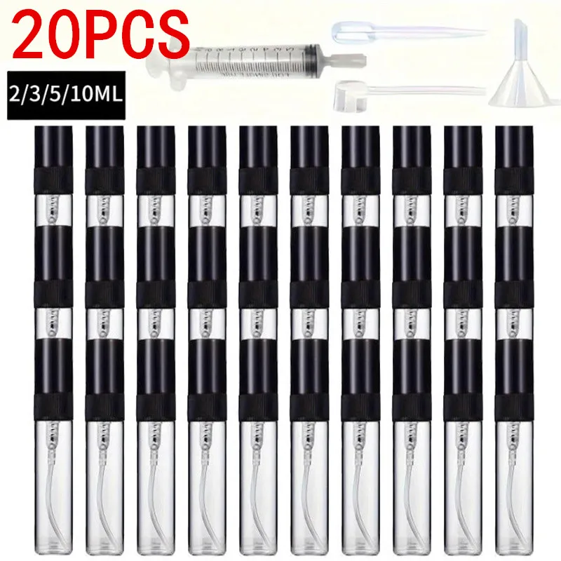 20pcs+4 Accessories 2/3/5/10ML Glass Spray Bottle-contains 20 Spray Bottles, 1 Funnel, 1 Dispensing Artifact, 1 Straw, 1 Syringe