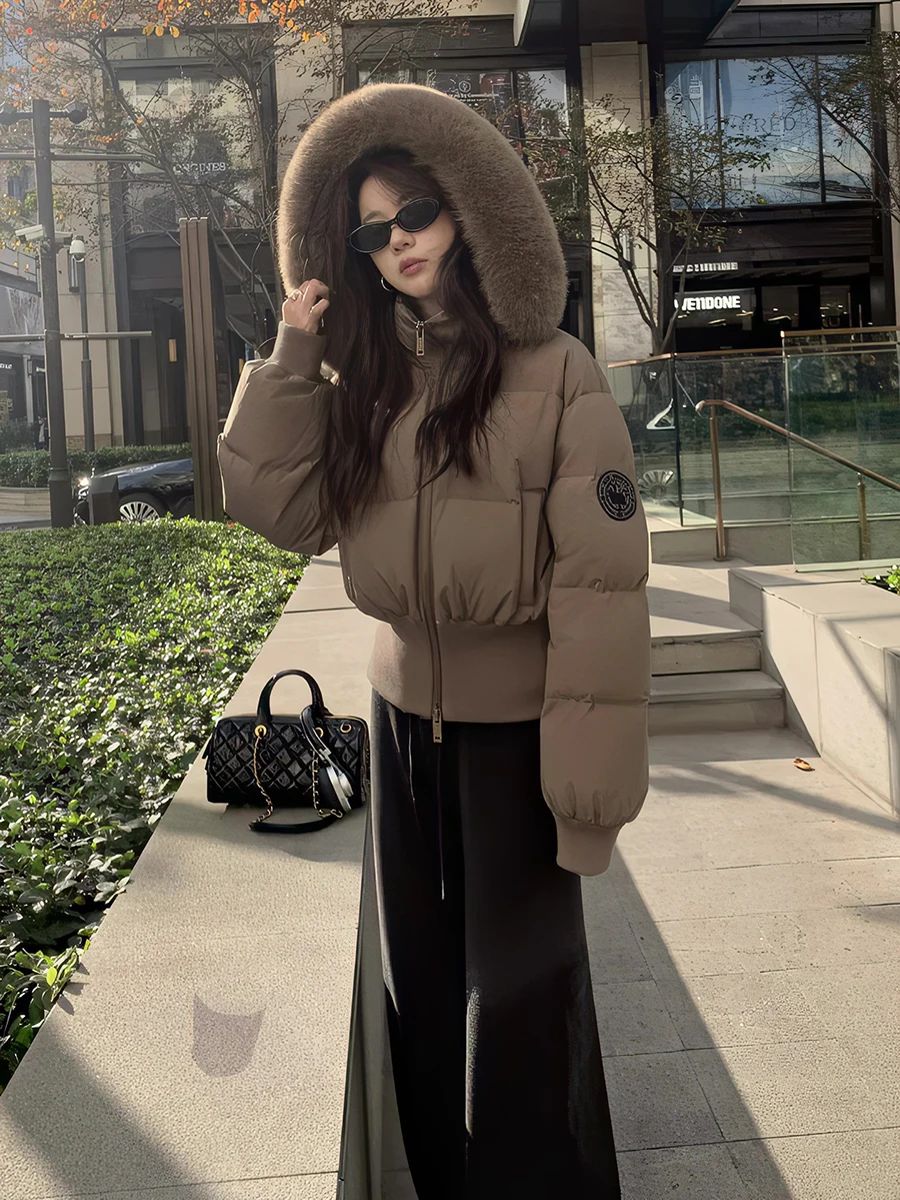 

Winter 2026 Women's Korean Style Duck down Jacket Coat Hooded Fur Collar Eco-Friendly Material Warmth High Waist Long Sleeve