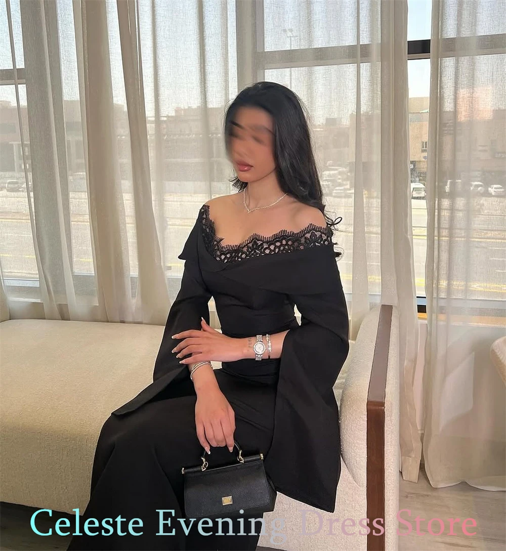 사용자 정의 간단한 블랙 저지 이브닝 드레스 우아한 오프 어깨 긴 소매 홈 커밍 드레스 패션 파티 가운