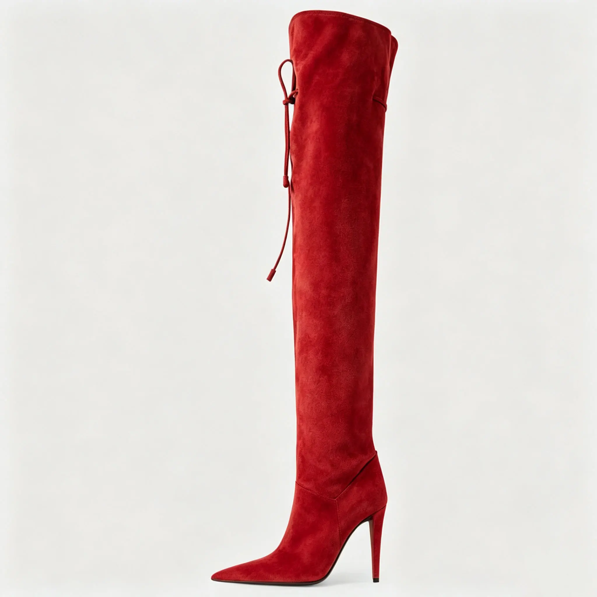 Retro Multicolor Suede Over Knee Stiletto Boots, Rear Lace Ruched Pointed Tall Heels for Office Commute Vintage Women Dress Shoe