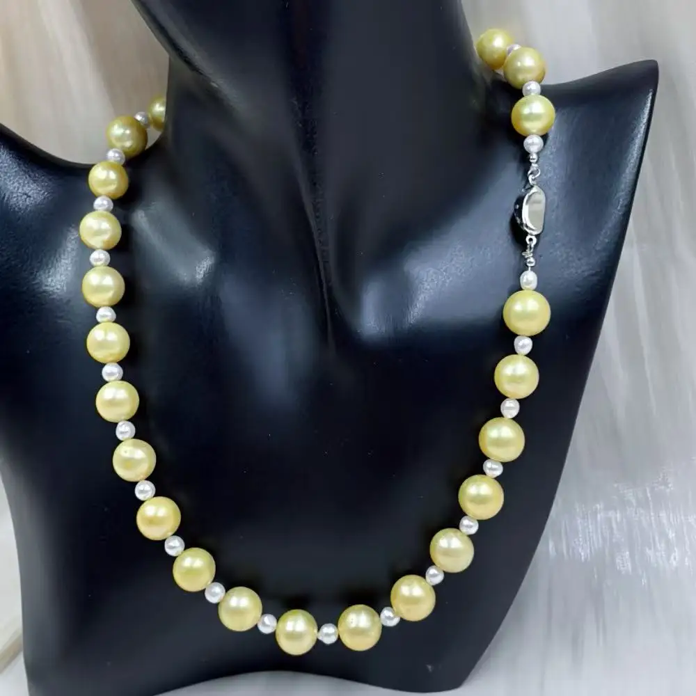 5mm 11mm Women Jewelry White Genuine Natural Freshwater Round Pearl Yellow Chokers Necklace 17-20inch