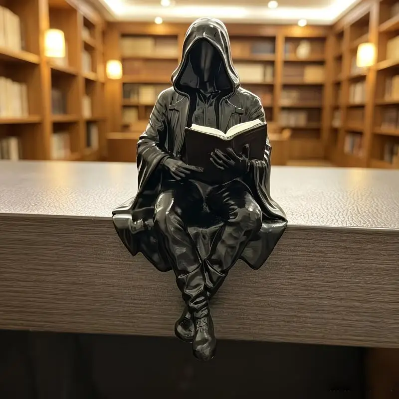 Hot! Grim Reaper Reading Statue Resin Black Hooded Skull Miniature Figurine Halloween Home Desktop Ornaments Gothic Decor